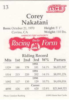 1993 Jockey Star #13 Corey Nakatani Back